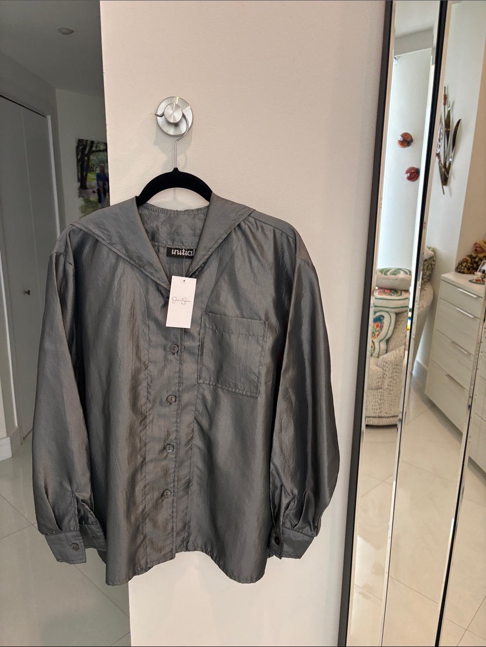 Jessica Simpson Metallic Silver Button-Down Shirt with Hood